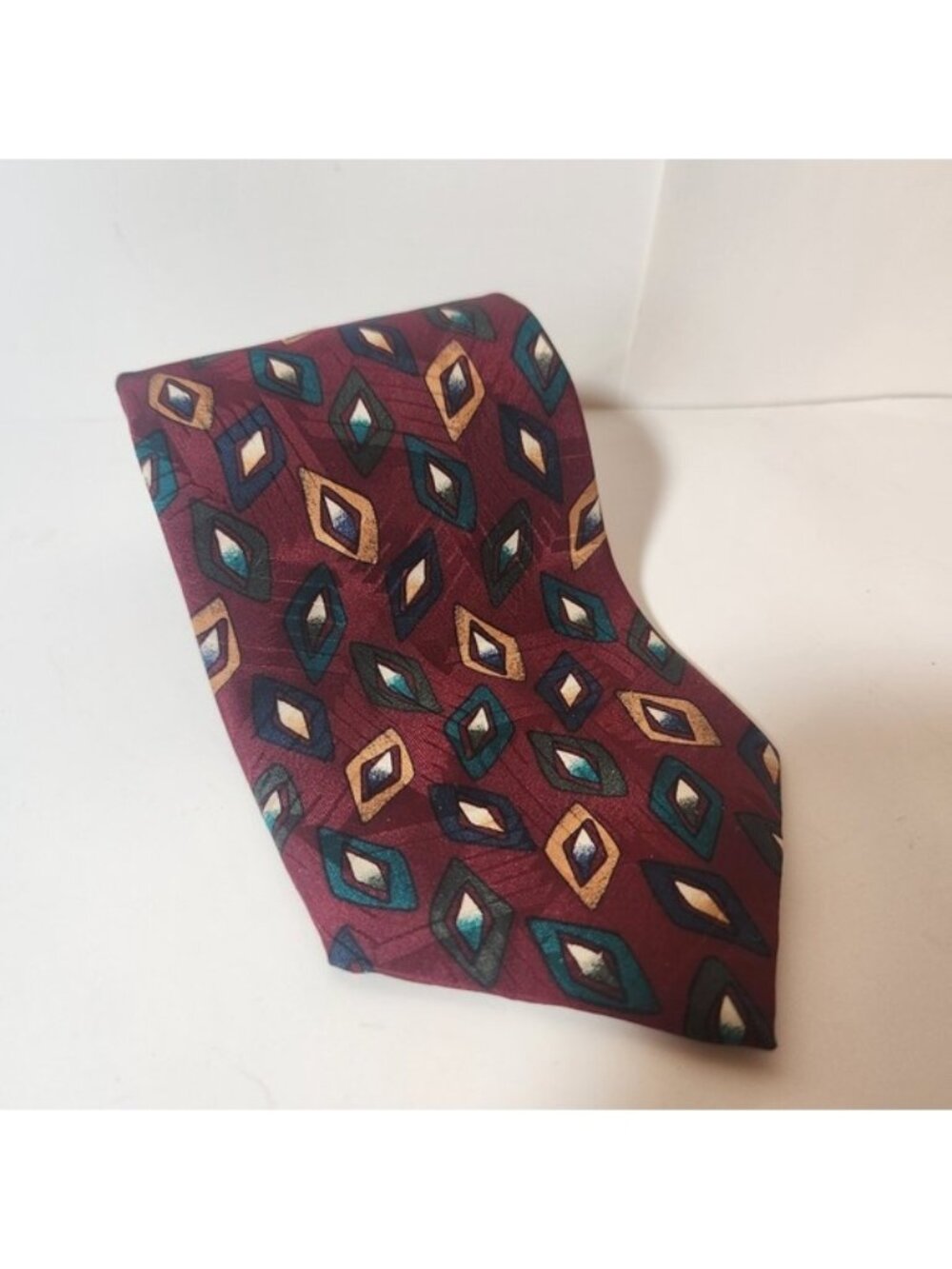 Charter Collection Mens Silk‎ Tie Burgundy Teal Gold Geometric Diamond Pattern